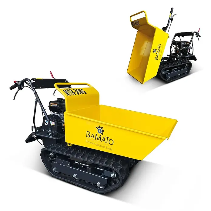 Bamato Kettendumper MTR-300G - Motorbetrieben, Fassungsvermögen: 125 l, Traglast: 300 kg - Gelber Raupen-Motorkarren/Minidumper in zwei Positionen, eine mit gekippter Mulde.