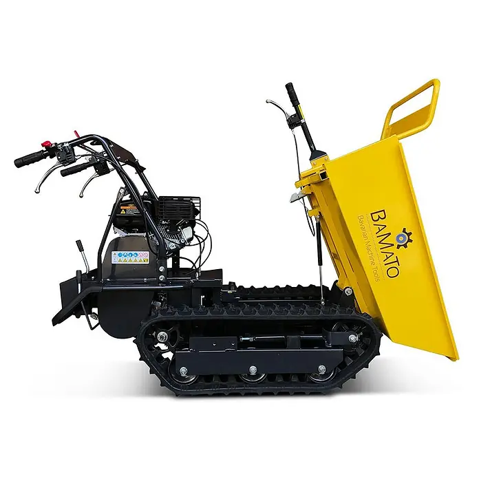 Bamato Kettendumper MTR-300G - Motorbetrieben, Fassungsvermögen: 125 l, Traglast: 300 kg - Gelber Ketten-Minidumper mit schwarzem Motor und Lenker, Kippmulde für Materialtransport.