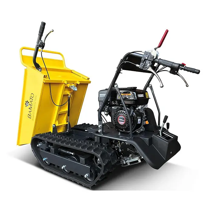 Bamato Kettendumper MTR-300G - Motorbetrieben, Fassungsvermögen: 125 l, Traglast: 300 kg - Gelber Raupen-Minidumper mit gekipptem Behälter und schwarzen Gummiketten, motorbetrieben für Materialtransport.
