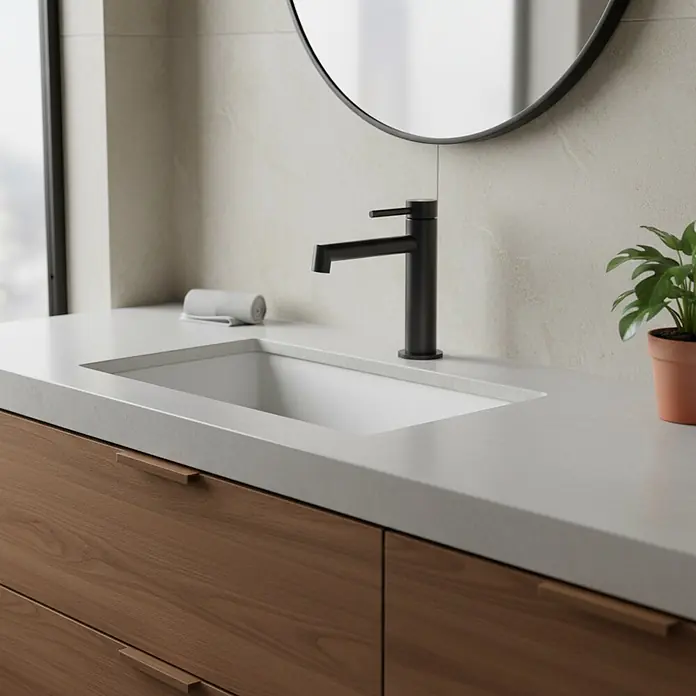 GME Grifo de lavabo Persio - Titanio, Satinado - Mueble de baño moderno con encimera clara, cajones de madera y grifo monomando negro.