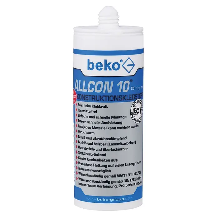 Beko Konstruktionskleber Allcon 10 - 150 ml, Beige - Weißer beko ALLCON 10 Konstruktionsklebstoff in Tube mit blauem Etikett.