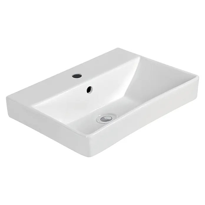 Sanicomfort Opia Waschbecken - B x L: 60 x 46 cm, Ohne Spezialglasur, Hahnloch: Mitte, Mit Überlauf, Weiß - Weißes rechteckiges Keramikwaschbecken mit zwei Hahnlöchern und silbernem Abfluss.