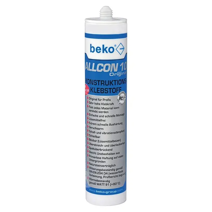 Beko Konstruktionskleber Allcon 10 - 310 ml, Beige - Weiße und blaue Kartusche des Beko ALLCON 10 Konstruktionsklebstoffs.