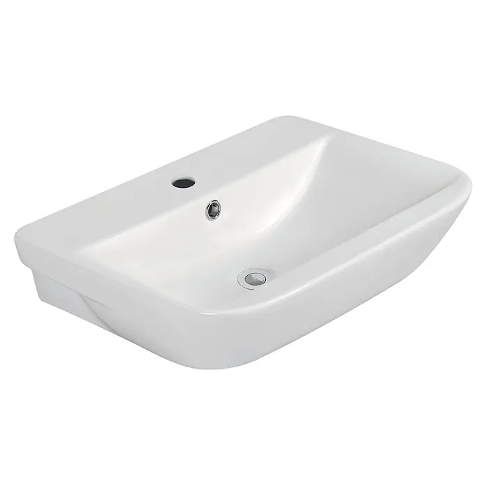 Sanicomfort Waschbecken Lenaka - B x L: 60 x 46 cm, Ohne Spezialglasur, Hahnloch: Mitte, Mit Überlauf, Weiß - Weißes rechteckiges Keramikwaschbecken mit Hahnloch und Abfluss.
