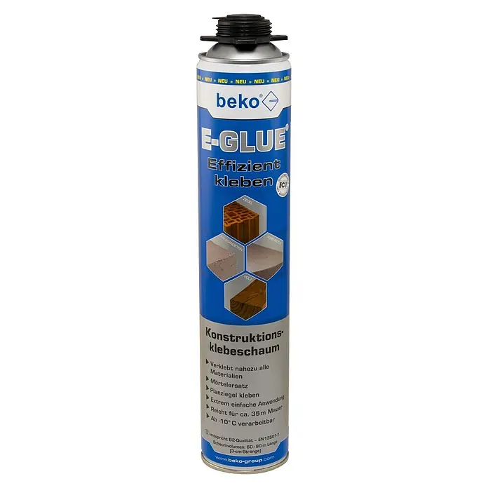 Beko Klebeschaum E-Glue - 810 ml - Blaue und weiße Beko E-GLUE Konstruktionsklebeschaumdose, ideal zum Verkleben von Baustoffen wie Ziegel und Holz.