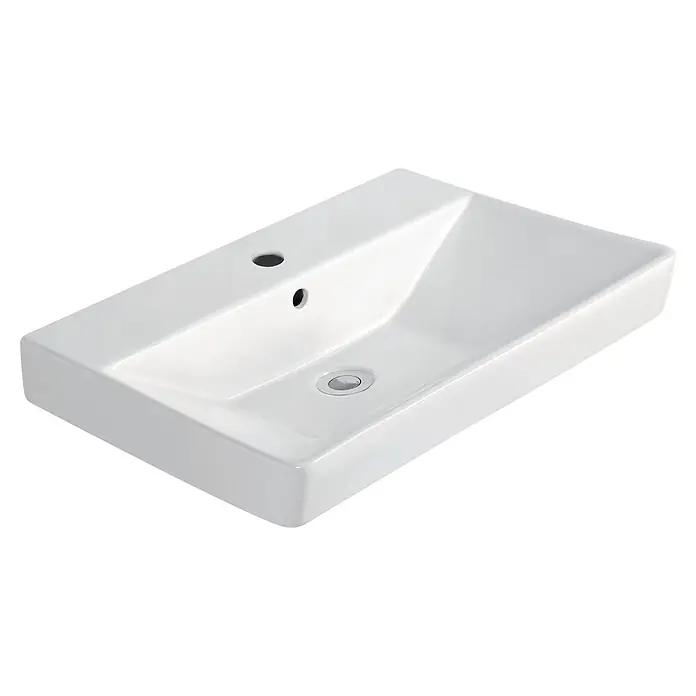 Sanicomfort Opia Waschbecken - B x L: 45,5 x 36,5 cm, Ohne Spezialglasur, Hahnloch: Mitte, Mit Überlauf, Weiß - Rechteckiges weißes Keramik-Waschbecken mit Hahnloch und Überlauf.