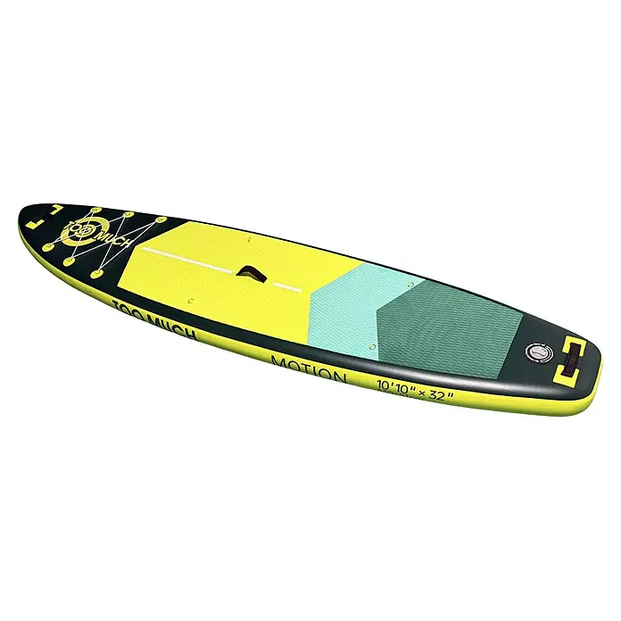 SUP-Board-Set Too Much Motion 10,10" - L x B x H: 331 x 81 x 15 cm, Mehrfarbig, Tragkraft: 160 kg - Aufblasbares Paddleboard in Gelb, Hellblau und Dunkelgrün mit schwarzen Seiten und gelben Akzenten.