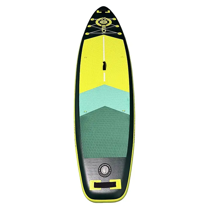 SUP-Board-Set Too Much Motion 10,10" - L x B x H: 331 x 81 x 15 cm, Mehrfarbig, Tragkraft: 160 kg - Ein aufblasbares Stand-Up-Paddleboard mit dunkelgrünem Rand und einem Deckpad in Gelb, Hellblau und Dunkelgrün, mit Bungeeschnüren und zentralem Griff.