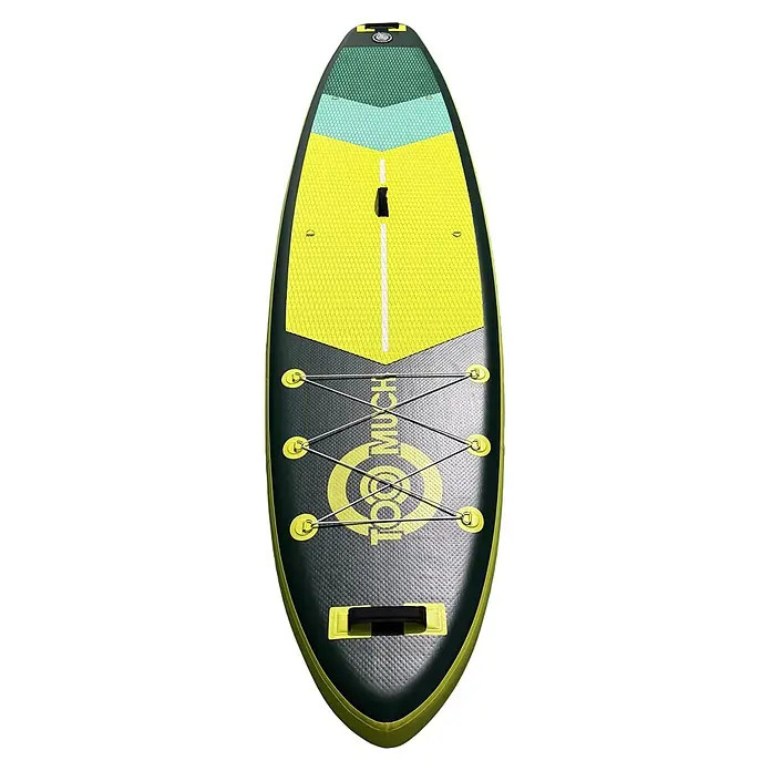 SUP-Board-Set Too Much Motion 10,10" - L x B x H: 331 x 81 x 15 cm, Mehrfarbig, Tragkraft: 160 kg - Aufblasbares Stand-Up-Paddleboard in Dunkelgrün, Hellgelb und Hellblau mit strukturiertem Deck, Gepäcknetz und Griffen.