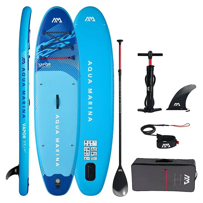Aqua Marina SUP-Board-Set Vapor - L x B x H: 315 x 79 x 15 cm, Blau, Tragkraft: 140 kg - Hellblaues und dunkelblaues Aqua Marina Vapor aufblasbares SUP-Board mit Paddel, Pumpe, Finne, Leash und Tragetasche.