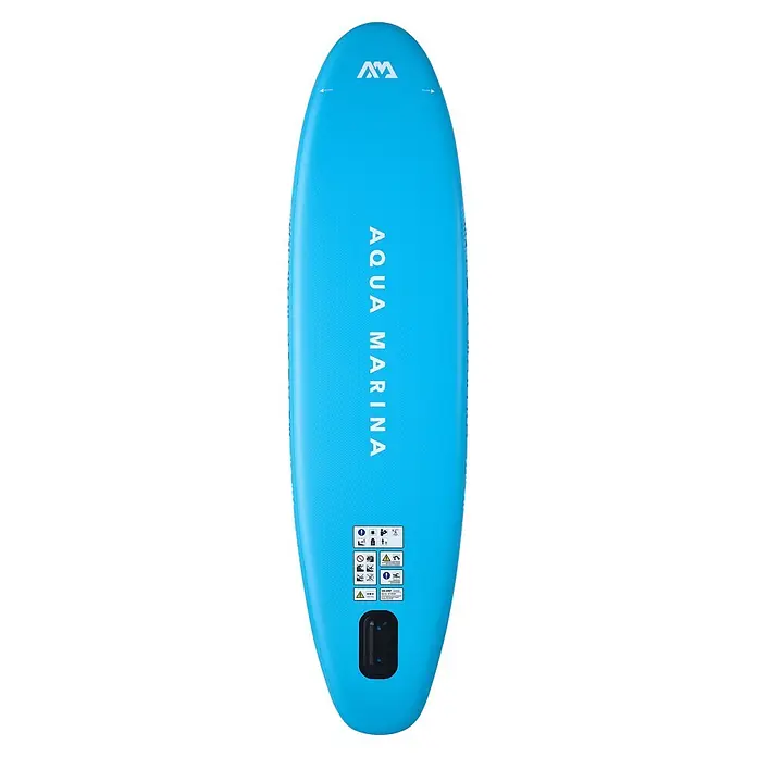 Aqua Marina SUP-Board-Set Vapor - L x B x H: 315 x 79 x 15 cm, Blau, Tragkraft: 140 kg - Hellblaues aufblasbares Aqua Marina Stand-Up-Paddleboard, Unterseite mit Finnenbox und Sicherheitshinweisen.