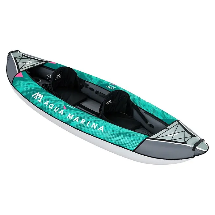 Aqua Marina Kajak Laxo 10'6" - L x B: 320 x 90 cm, Geeignet für: 2 Personen, Tragkraft: 180 kg - Aqua Marina Laxo aufblasbares Tandem-Kajak in Türkis, Grau und Pink mit zwei schwarzen Sitzen.