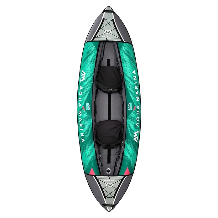 Aqua Marina Kajak Laxo 10'6" - L x B: 320 x 90 cm, Geeignet für: 2 Personen, Tragkraft: 180 kg - Aufblasbares Aqua Marina Laxo 320 Kajak von oben. Grau und grün mit zwei schwarzen Sitzen und Bungee-Stauraum.