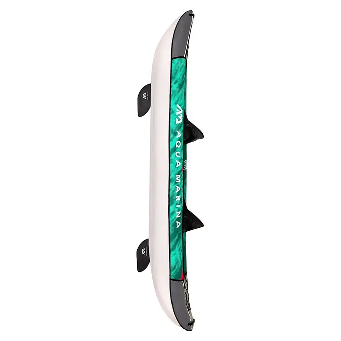 Aqua Marina Kajak Laxo 10'6" - L x B: 320 x 90 cm, Geeignet für: 2 Personen, Tragkraft: 180 kg - Aufblasbares Aqua Marina Paddleboard, eine Seite weiß, die andere grün gemustert mit Logo, mit schwarzen Finnen.