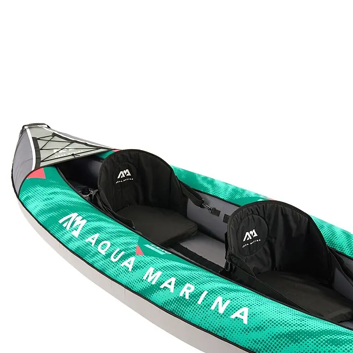Aqua Marina Kajak Laxo 10'6" - L x B: 320 x 90 cm, Geeignet für: 2 Personen, Tragkraft: 180 kg - Aufblasbares Kajak in Türkis und Grau mit zwei schwarzen Sitzen und "AQUA MARINA"-Branding.