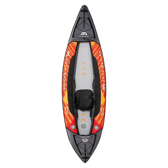 Aqua Marina Kajak Memba 10,10" - L x B: 330 x 90 cm, Geeignet für: 1 Person, Tragkraft: 110 kg - Blick von oben auf ein graues und rotes aufblasbares Kajak mit gelben Akzenten und schwarzem Sitz, mit Bungee-Seilen und Logos.