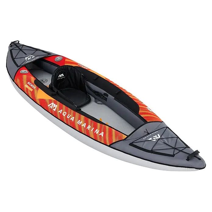 Aqua Marina Kajak Memba 10,10" - L x B: 330 x 90 cm, Geeignet für: 1 Person, Tragkraft: 110 kg - Aufblasbares graues, rotes und gelbes Aqua Marina Memba 330 Kajak mit schwarzem Sitz und Gepäcknetz. Bereit für Wasserabenteuer.