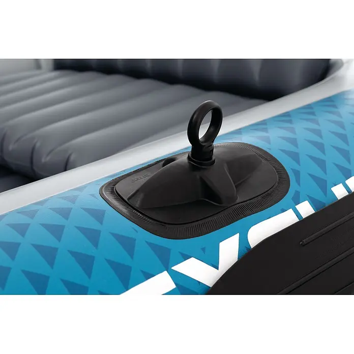 Intex Schlauchboot-Set Excursion 5 - Geeignet für: Max. 5 Personen, L x B x H: 366 x 168 x 43 cm - Schwarze D-Ring-Befestigung auf blau gemusterter Schlauchoberfläche, mit grauem aufblasbarem Sitz.