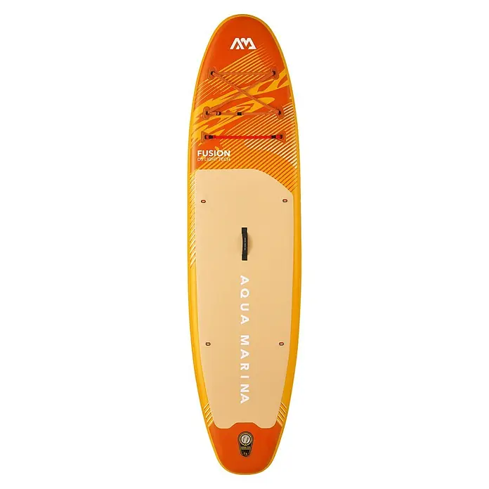 Aqua Marina SUP-Board-Set Fusion - L x B x H: 330 x 81 x 15 cm, Orange, Tragkraft: 150 kg - Orange-gelbes Aqua Marina FUSION SUP-Board mit beigem Anti-Rutsch-Pad, Bungee-Seilen und Tragegriff.