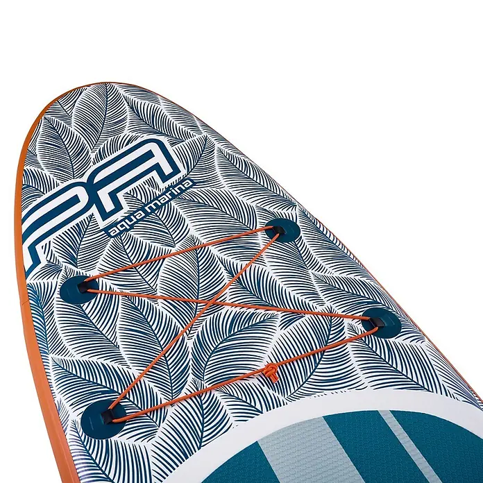 Aqua Marina SUP-Board-Set Pure Air Tropic 12" - L x B x H: 366 x 84 x 15 cm, Aufblasbar, Mehrfarbig, Tragkraft: 170 kg - Paddleboard-Spitze mit blauem Palmenblattmuster, orangefarbenen Bungee-Seilen und orangefarbener Kante zur Ausrüstungsbefestigung.