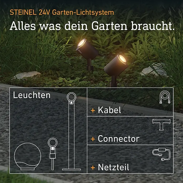 Steinel LED-Trafo 24V-Garten-Lichtsystems - Schwarz, 35 W - STEINEL 24V Garten-Lichtsystem mit dunklen Strahlern, die Pflanzen beleuchten, modulare Komponenten: Leuchten, Kabel, Verbinder und Netzteil.