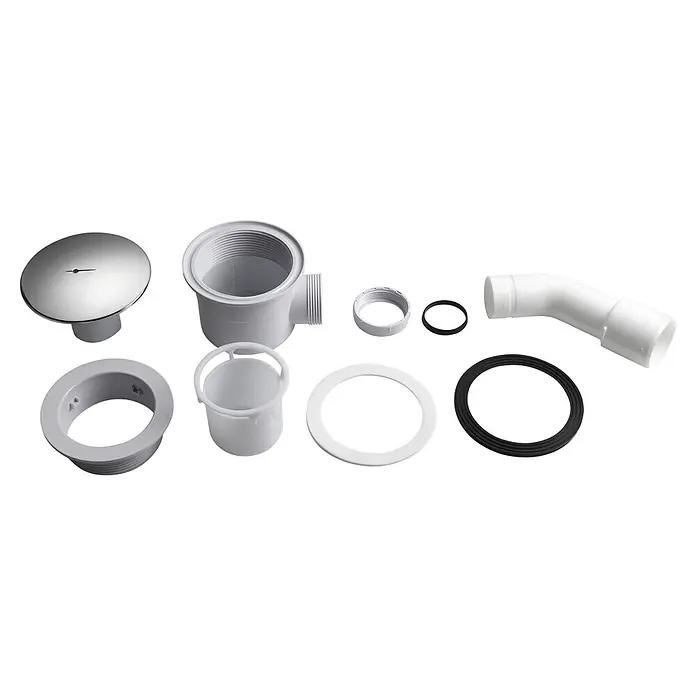 Sanicomfort Duschwannen-Set FORM - L x B: 90 x 90 cm, Kunststoff, Weiß - Zerlegtes Dusch- oder Badablauf-Set mit Chromabdeckung, weißem Kunststoffkörper, Rohr und Dichtungen.