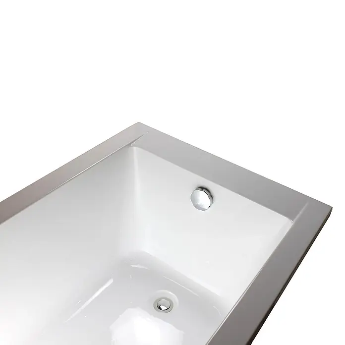 Sanicomfort Badewannen-Set Form - Weiß, 170 x 75 cm - Nahaufnahme einer modernen weißen Badewanne mit grauem Rand, die Abfluss und Überlauf zeigt.