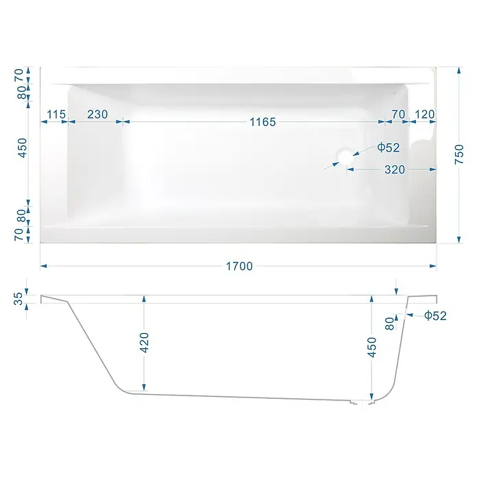 Sanicomfort Badewannen-Set Form - Weiß, 170 x 75 cm - Weiße Badewanne mit detaillierten Maßen in Draufsicht und Seitenansicht.