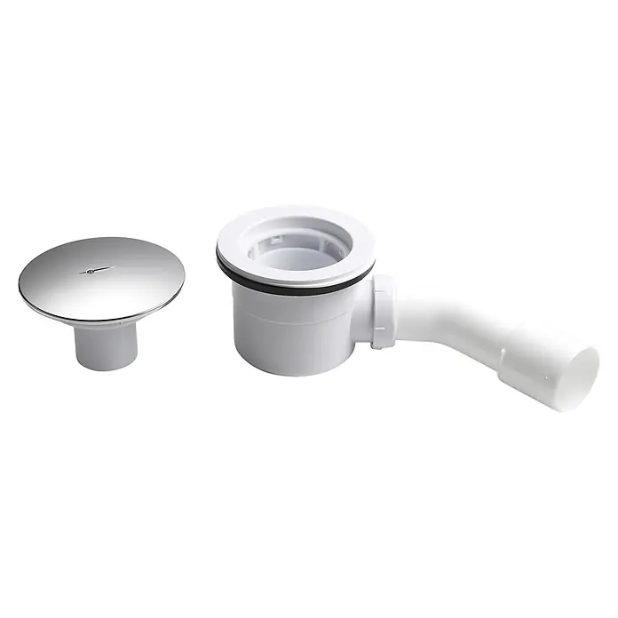 Sanicomfort Duschwannen-Set FORM - L x B: 90 x 90 cm, Kunststoff, Weiß - Verchromter Duschablaufdeckel und weißer Kunststoff-Siphon mit abgewinkeltem Rohr.