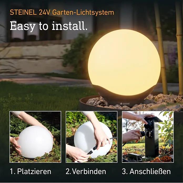 Steinel Verlängerungskabel 24V-Garten-Lichtsystems - IP67, 1 m - STEINEL 24V kugelförmige Gartenleuchte in Benutzung, zeigt leichte Installation: platzieren, Kabel verbinden, an Außensteckdose anschließen.