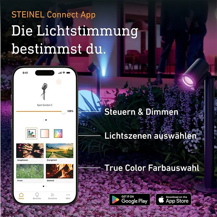 Steinel LED-Trafo 24V-Garten-Lichtsystems - Schwarz, 35 W - Smartphone mit STEINEL Connect App zur Steuerung von farbigen Gartenleuchten, die eine abendliche Outdoor-Szene beleuchten.