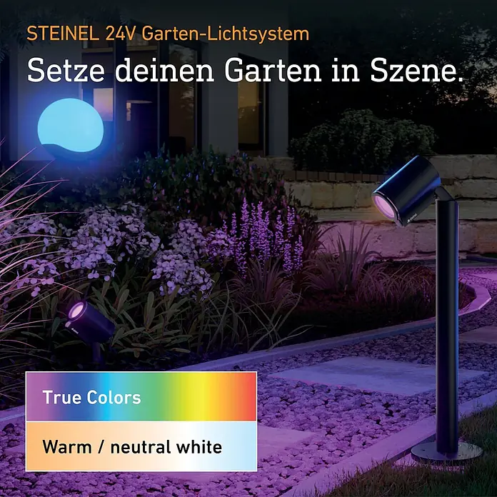 Steinel LED-Trafo 24V-Garten-Lichtsystems - Schwarz, 35 W - Gartenleuchten beleuchten einen lebendigen Garten bei Nacht mit echten Farben und warmweißem/neutralweißem Licht.