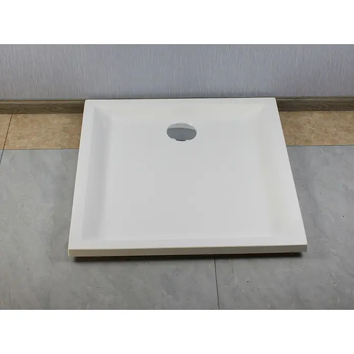 Sanicomfort Duschwannen-Set FORM - L x B: 90 x 90 cm, Kunststoff, Weiß - Weißer quadratischer Duschwannenboden mit mittiger Chrom-Ablaufabdeckung.