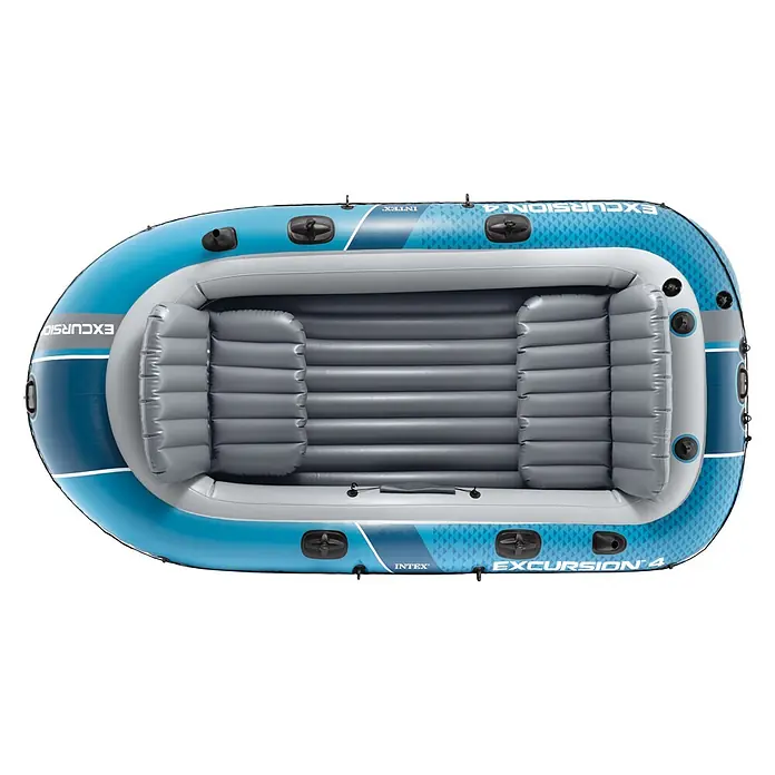 Intex Schlauchboot-Set Excursion 4 - Geeignet für: Max. 4 Personen, L x B x H: 315 x 165 x 43 cm - Draufsicht auf ein blau-graues, aufblasbares Excursion 4 Schlauchboot mit mehreren Luftkammern, geripptem Boden und Sitzen.