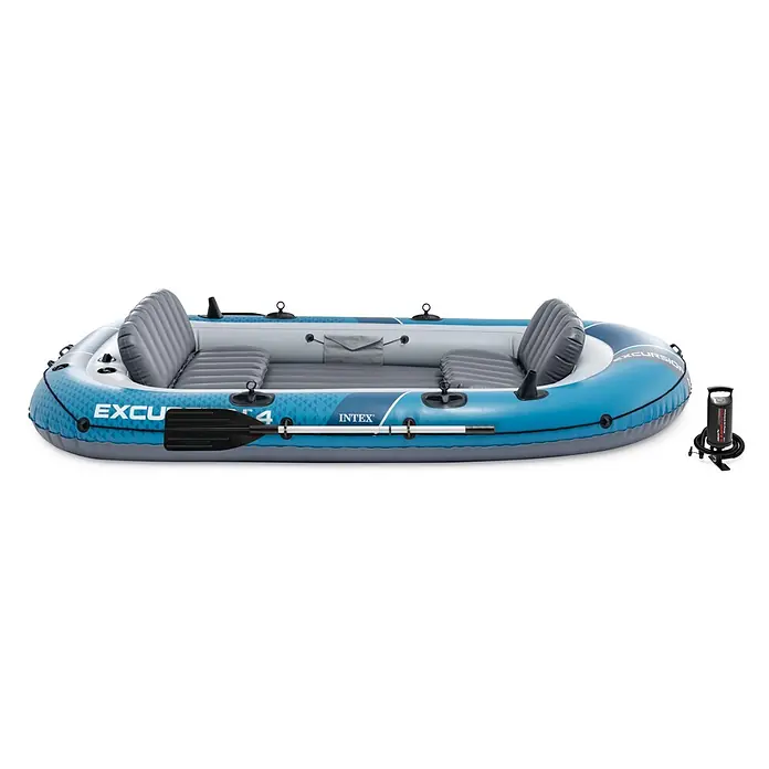Intex Schlauchboot-Set Excursion 4 - Geeignet für: Max. 4 Personen, L x B x H: 315 x 165 x 43 cm - Blaues und graues Intex Excursion 4 Schlauchboot mit zwei Sitzen, Paddeln und einer Luftpumpe.