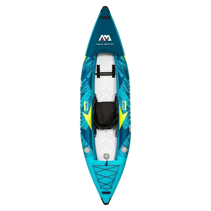 Aqua Marina Kajak Steam - L x B: 312 x 90 cm, Geeignet für: 1 Person, Tragkraft: 110 kg - Draufsicht auf ein blaues und hellblaues aufblasbares Kajak mit schwarzem Sitz und Bungee-Seil-Befestigung.