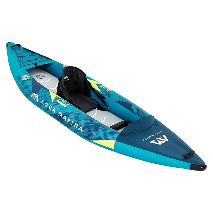 Aqua Marina Kajak Steam - L x B: 312 x 90 cm, Geeignet für: 1 Person, Tragkraft: 110 kg - Ein aufblasbares blau-hellblaues Kajak mit gelben Akzenten und schwarzem Sitz, vorne mit Gummiseilen.
