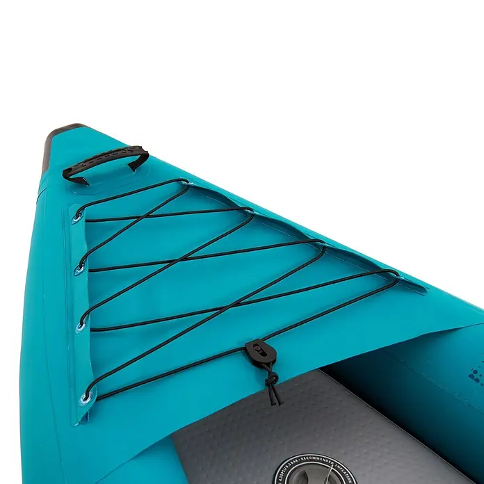 Aqua Marina Kajak Steam - L x B: 312 x 90 cm, Geeignet für: 1 Person, Tragkraft: 110 kg - Blauer aufblasbarer Kajakbug mit schwarzen Bungeeseilen, Griff und grauer strukturierter Matte.
