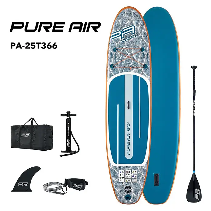 Aqua Marina SUP-Board-Set Pure Air Tropic 12" - L x B x H: 366 x 84 x 15 cm, Aufblasbar, Mehrfarbig, Tragkraft: 170 kg - Aqua Marina Pure Air aufblasbares Stand-Up Paddleboard Set. Blau-weißes Board mit Blattmuster, Paddel, Pumpe, Tasche, Finne und Leash.