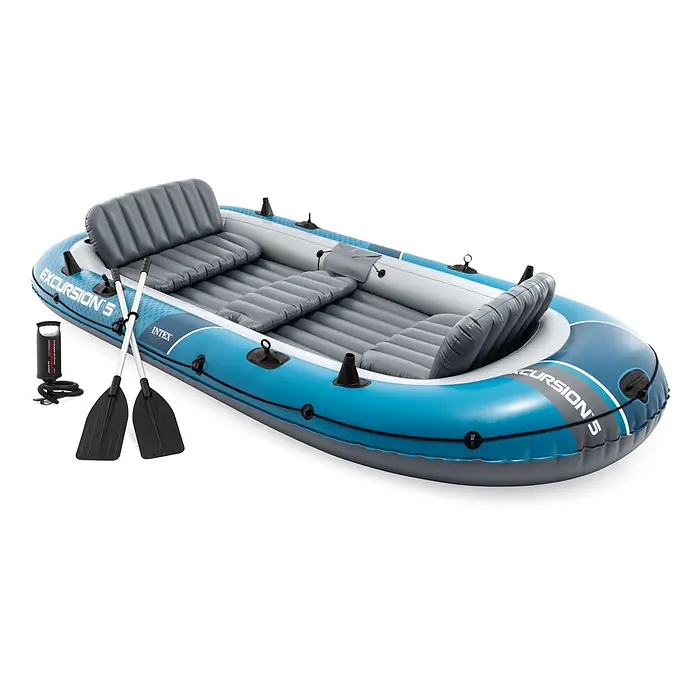 Intex Schlauchboot-Set Excursion 5 - Geeignet für: Max. 5 Personen, L x B x H: 366 x 168 x 43 cm - Blau-graues Schlauchboot-Set mit Rudern und Handpumpe, bereit für Wasserabenteuer.