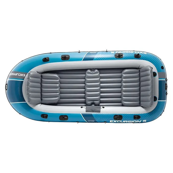 Intex Schlauchboot-Set Excursion 5 - Geeignet für: Max. 5 Personen, L x B x H: 366 x 168 x 43 cm - Blau-graues Schlauchboot mit mehreren aufblasbaren Sitzen.