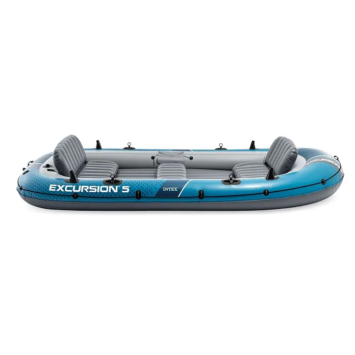 Intex Schlauchboot-Set Excursion 5 - Geeignet für: Max. 5 Personen, L x B x H: 366 x 168 x 43 cm - Blau-graues Schlauchboot mit fünf grauen aufblasbaren Sitzen und Ruderhalterungen. Mit „EXCURSION 5“ und „INTEX“ Branding.