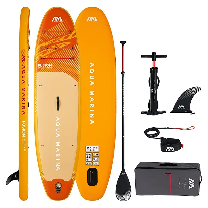 Aqua Marina SUP-Board-Set Fusion - L x B x H: 330 x 81 x 15 cm, Orange, Tragkraft: 150 kg - Gelb-orangefarbenes Aqua Marina Fusion aufblasbares SUP-Set mit Paddel, Pumpe, Finne, Leash und Tragetasche.