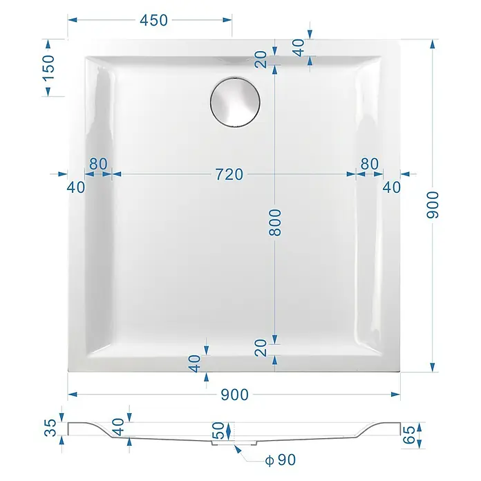 Sanicomfort Duschwannen-Set FORM - L x B: 90 x 90 cm, Kunststoff, Weiß - Technische Zeichnung einer weißen rechteckigen Duschwanne mit Maßen und zentralem Abflussloch, von oben und der Seite dargestellt.