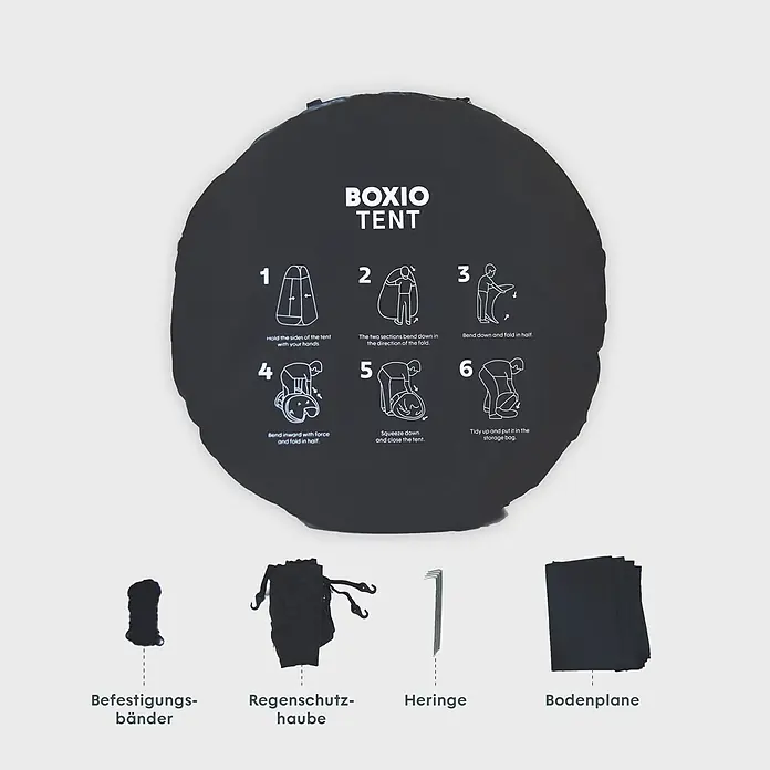 Boxio Zelt Dusche & Toilette - L x B x H: 63,5 x 63,5 x 6 cm, Schwarz - Schwarzes BOXIO Zelt mit Faltanleitung, verpackt mit Befestigungsbändern, Regenschutzhaube, Heringen und Bodenplane.