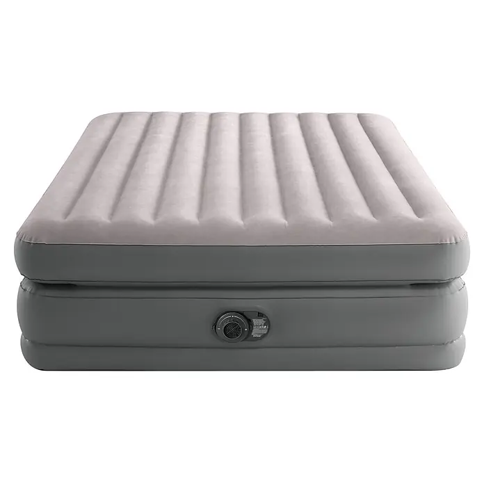 Intex Luftbett Queen Comfort - L x B x H: 203 x 152 x 51 cm, Grau, Integrierte Luftpumpe - Graues aufblasbares Luftbett mit hellgrauer beflockter Oberseite und integrierter Elektropumpe.