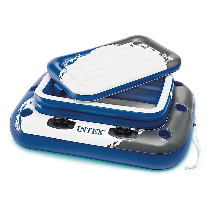 Intex Kühlbox Mega Chill 2 - Grau, Weiß, Blau, L x B x H: 114 x 86 x 42 cm - Aufblasbare blau-weiß-graue schwimmende Kühlbox mit abnehmbarem Deckel, Becherhaltern und Griffen für Wasseraktivitäten.