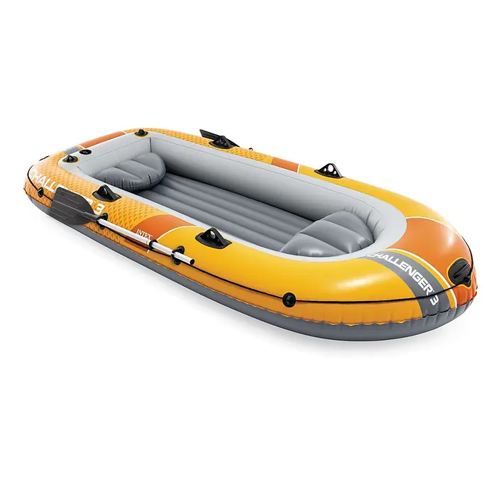 Intex Schlauchboot-Set Challanger 3 - Geeignet für: 3 Personen, L x B x H: 295 x 137 x 43 cm - Gelbes und oranges Schlauchboot mit grauem Interieur und Rudern. Modell 'Challenger 3'.
