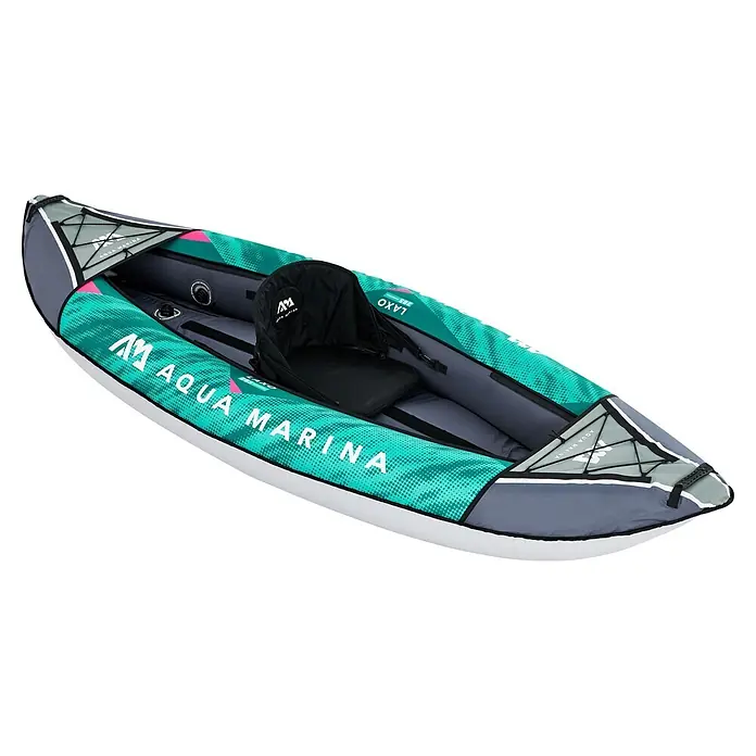 Aqua Marina Kajak Laxo 9'4" - L x B: 285 x 90 cm, Geeignet für: 1 Person, Tragkraft: 110 kg - Aufblasbares Aqua Marina Kajak in Türkis, Grau und Schwarz mit einem Sitz.