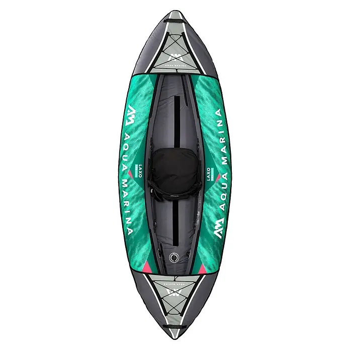 Aqua Marina Kajak Laxo 9'4" - L x B: 285 x 90 cm, Geeignet für: 1 Person, Tragkraft: 110 kg - Draufsicht auf ein graues und grünes Aqua Marina LAXO 285 Schlauchkajak mit schwarzem Sitz und Gepäcknetzen.